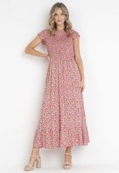 Różowa Sukienka Maxi z Wiskozy w Kwiaty Annunali. Czerwone sukienki damskie Born2be, l, bez wzorów, z tkaniny, bez kołnierzyka, bez ramiączek, maxi. Za 84.99 zł.