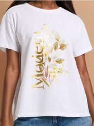 Koszulka ze złotym nadrukiem - biały. Białe t-shirty damskie Sinsay, l, bez wzorów, bez kołnierzyka. Za 25.99 zł.