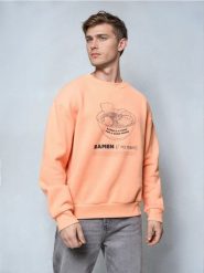Bluza crewneck z nadrukiem - pomarańczowy. Brązowe bluzy męskie Sinsay, l, bez wzorów, bez kaptura. Za 39.99 zł.