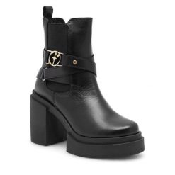 Botki Eva Minge. Czarne botki damskie Eva Minge, bez obcasa, na słupku, bez zapięcia. Za 274.99 zł.