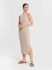 Sukienka midi - beżowy. Brązowe sukienki damskie Sinsay, l, bez wzorów, z bawełny, bez kołnierzyka, bez ramiączek, midi, dopasowane. Za 39.99 zł.