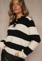 Czarny Pasiasty Sweter z Dodatkiem Wełny z Kołnierzykiem i Guzikami Tiarresa. Czarne swetry damskie Renee, bez wzorów, z jeansu, casualowe, bez kołnierzyka, bez ramiączek, bez kaptura. Za 159.99 zł.