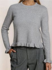 Sweter z ozdobnymi falbanami z domieszką wełny - szary. Szare swetry damskie Sinsay, l, bez wzorów, z wełny, bez kołnierzyka, bez ramiączek, bez kaptura. Za 59.99 zł.