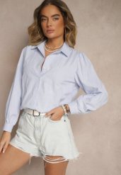 Niebieska Koszula z Bawełny Ozdobiona Haftem Dovelira. Niebieskie bluzki damskie Renee, l, bez wzorów, z bawełny, biznesowe, bez kołnierzyka, bez ramiączek. Za 59.99 zł.