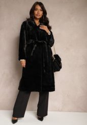 Czarny Szlafrokowy Płaszcz Wiązany w Talii z Futerka Izalora. Czarne płaszcze damskie Renee, l, bez wzorów, z jeansu, eleganckie, bez kaptura. Za 359.99 zł.