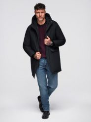 Klasyczna długa męska kurtka typu parka – czarna V6 - Rozmiar: M. Czarne kurtki męskie Ombre Clothing, m, z aplikacjami, z materiału, klasyczne, z kapturem. Za 529.99 zł.