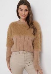 Brązowy Sweter o Klasycznym Kroju z Puchatego Materiału Hellende. Brązowe swetry damskie Born2be, z aplikacjami, klasyczne, bez kołnierzyka, bez ramiączek, bez kaptura. Za 89.99 zł.
