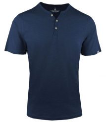 T-Shirt z Dekoltem na Guziki -Pako Jeans- Lekko Melanżowa, Granatowa Tkanina. Niebieskie t-shirty męskie Pako Jeans, l, bez wzorów, z bawełny, casualowe, bez kołnierzyka. Za 69.00 zł.