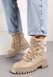 Ciemnobeżowe Trapery w Casualowym Stylu z Futerkowym Zdobieniem na Języku Taniapea. Brązowe śniegowce i trapery damskie Renee, z jeansu. Za 119.99 zł.