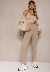 Beżowe Basicowe Legginsy High Waist Tofelia. Brązowe legginsy damskie Renee, l, bez wzorów, z jeansu. Za 49.99 zł.
