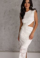 Beżowa Wieczorowa Sukienka z Koronki z Asymetrycznym Wycięciem w Talii Kalimeia. Brązowe sukienki dla dziewczynek Renee, bez wzorów, z koronki, eleganckie, bez ramiączek. Za 169.99 zł.