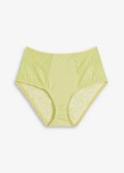 Figi z wysoką talią z delikatną koronką. Zielone figi damskie bonprix, bez wzorów, z koronki. Za 54.99 zł.