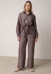 Brązowy Komplet z Lnem i Wiskozą Szerokie Spodnie i Koszula z Wiązaniem Ravilith. Brązowe koszule damskie Born2be, l, bez wzorów, z bawełny. Za 229.99 zł.