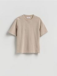 Bawełniany t-shirt boxy - beżowy. Brązowe t-shirty męskie Reserved, l, bez wzorów, z bawełny, bez kołnierzyka. Za 79.99 zł.