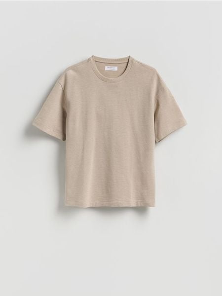 Bawełniany t-shirt boxy - beżowy. Brązowe t-shirty męskie Reserved, l, bez wzorów, z bawełny, bez kołnierzyka. Za 79.99 zł.