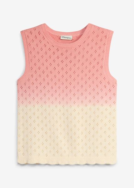 Dzianinowy top z przejściem kolorystycznym. Czerwone t-shirty i topy dla dziewczynek bonprix, w ażurowe wzory, z dzianiny, bez ramiączek. Za 64.99 zł.