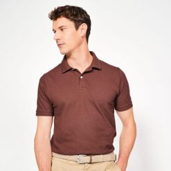 Koszulka polo do golfa z krótkim rękawem męska Inesis MW500. Brązowe buty sportowe męskie INESIS, l, bez wzorów, z bawełny, bez kołnierzyka, bez ramiączek, na golfa. W wyprzedaży za 44.99 zł.
