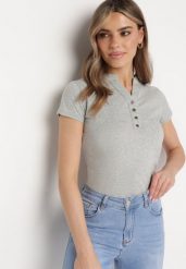 Szary T-shirt Koszulka z Bawełny z Metalicznymi Guzikami Cariena. Szare bluzki damskie Born2be, m, bez wzorów, z bawełny, bez kołnierzyka. Za 39.99 zł.