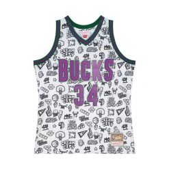 Jersey Milwaukee Bucks NBA Doodle Swingman 2000 Ray Allen. Białe koszulki sportowe męskie Mitchell & Ness, bez wzorów, z jersey, bez kołnierzyka, bez ramiączek, do koszykówki. Za 636.50 zł.