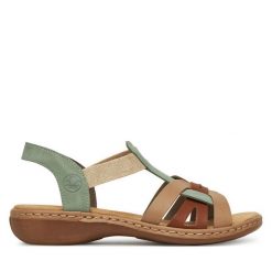 Sandały Rieker. Zielone sandały damskie Rieker, bez wzorów, bez obcasa, na płaskiej podeszwie, bez zapięcia. Za 289.99 zł.