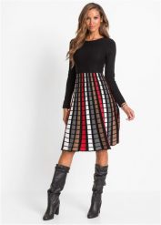 Sukienka dzianinowa w kratę. Czarne sukienki damskie bonprix, bez wzorów, z dzianiny, bez kołnierzyka, bez ramiączek. Za 142.99 zł.