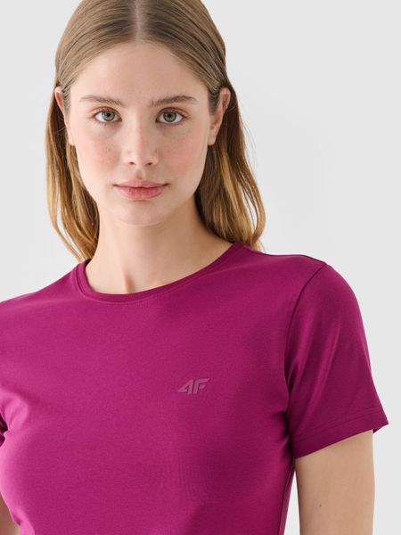 4F T-shirt slim gładki damski - fioletowy XS. Fioletowe koszulki sportowe damskie 4f, xs, bez wzorów, z bawełny, klasyczne, bez kołnierzyka. W wyprzedaży za 29.99 zł.