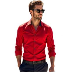 Czerwona koszula męska z granatowymi kontrastami Y02. Czerwone koszule męskie Modini Moda Męska, m, bez wzorów, z bawełny, casualowe, bez kołnierzyka, bez ramiączek. W wyprzedaży za 169.20 zł.