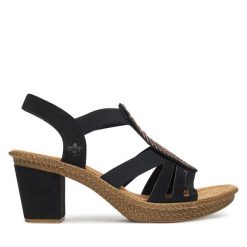 Sandały Rieker. Czarne sandały damskie Rieker, bez wzorów, bez obcasa, na słupku, bez zapięcia. Za 223.99 zł.