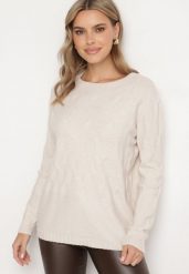 Jasnobeżowy Sweter z Bawełną i Wiskozą Ozdobiony Tłoczeniem Zeialda. Brązowe swetry damskie Born2be, l, z aplikacjami, z bawełny, biznesowe, bez kołnierzyka, bez ramiączek, długie, bez kaptura. Za 84.99 zł.