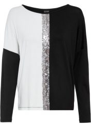 Shirt z cekinami. Czarne bluzki damskie bonprix, bez wzorów, bez kołnierzyka, bez ramiączek. Za 109.99 zł.