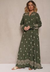 Ciemnozielona Rozkloszowana Sukienka Ozdobiona Haftem i Wzorem Boho Ronavere. Zielone sukienki damskie Renee, na co dzień, na lato, l, bez wzorów, boho, bez kołnierzyka, bez ramiączek, maxi, kopertowe. Za 169.99 zł.