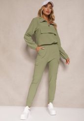 Zielony Komplet Dresowy Bluza z Suwakiem i Kołnierzem i Spodnie z Kieszeniami Cargo Taigena. Zielone bluzy damskie Renee, m, bez wzorów, z dresówki. Za 74.99 zł.