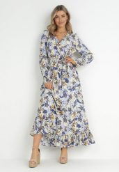 Niebieska Sukienka Maxi z Gumką w Pasie i Falbanką na Dole Bexli. Niebieskie sukienki damskie Born2be, na co dzień, na wiosnę, m, bez wzorów, z wiskozy, boho, bez kołnierzyka, bez ramiączek, maxi, kopertowe. Za 119.99 zł.