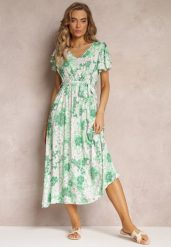 Zielona Sukienka z Wiskozy w Kwiaty z Wiązanym Paskiem Malore. Zielone sukienki damskie Renee, l, bez wzorów, z tkaniny, wakacyjne, bez kołnierzyka, bez ramiączek, midi, rozkloszowane. Za 79.99 zł.