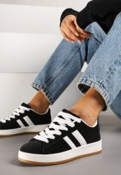 Czarne Sneakersy Ozdobione Motywem Pasków Flortewi. Czarne obuwie sportowe damskie Renee, bez wzorów, z jeansu. Za 69.99 zł.