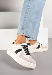 Beżowo-Czarne Sneakersy na Platformie Ozdobione Paskami ze Sznurowaniem Bormi. Brązowe obuwie sportowe damskie Renee, bez wzorów, z jeansu. Za 79.99 zł.
