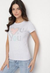 Jasnoszary Bawełniany T-shirt z Sercem i Napisem Olirwenna. Szare bluzki damskie Born2be, m, bez wzorów, z bawełny, bez kołnierzyka. Za 34.99 zł.