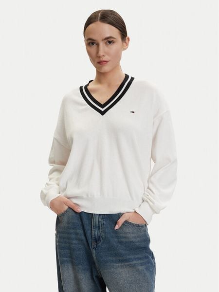Tommy Jeans Sweter DW0DW22778 Biały Regular Fit. Białe swetry damskie Tommy Jeans, xs, bez wzorów, z bawełny, bez kołnierzyka, bez ramiączek, bez kaptura. Za 291.99 zł.