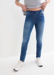 Jegginsy mid waist z wygodnym paskiem w talii. Niebieskie legginsy damskie bonprix, bez wzorów, z jeansu. Za 84.99 zł.