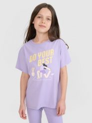 4F T-shirt regular z nadrukiem dziewczęcy - fioletowy 122 (6-7 lat). Fioletowe t-shirty i topy dla dziewczynek 4f, bez wzorów, z bawełny, bez ramiączek. W wyprzedaży za 19.99 zł.