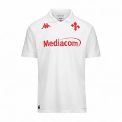 Koszulka wyjazdowa Fiorentina 2024/25. Białe koszulki sportowe męskie Kappa, bez wzorów, bez kołnierzyka, bez ramiączek, do piłki nożnej. W wyprzedaży za 297.45 zł.