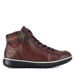 Botki Rieker. Czerwone botki damskie Rieker, bez obcasa, na płaskiej podeszwie, bez zapięcia. Za 265.99 zł.