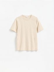 Melanżowy t-shirt regular - beżowy. Brązowe t-shirty męskie Reserved, l, bez wzorów, z bawełny, bez kołnierzyka. Za 69.99 zł.