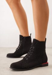 Czarne Botki Trzewiki VICES z Ażurową Cholewką Bissen. Czarne botki damskie Born2be, z dzianiny, biznesowe, bez obcasa, na płaskiej podeszwie, bez zapięcia. Za 129.99 zł.