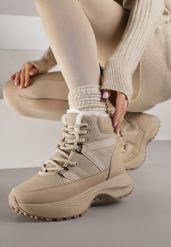 Ciemnobeżowe Sportowe Śniegowce Chunky na Platformie Ishweda. Brązowe obuwie sportowe damskie Renee, z jeansu. Za 119.99 zł.