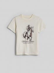 4F T-shirt regular z nadrukiem dziewczęcy - kremowy 164 (13-14 lat). Białe t-shirty i topy dla dziewczynek 4f, bez wzorów, z bawełny, bez ramiączek. Za 49.99 zł.