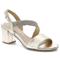 Sandały damskie Marco Tozzi, cholewka ze skóry ekologicznej zapinane na sprzączkę na wysokim obcasie, złote, 2-88300-46 940. Żółte klapki damskie Marco Tozzi, bez wzorów, ze skóry ekologicznej, bez obcasa, na obcasie, bez zapięcia. Za 249.00 zł.