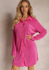 Fuksjowa Koszulowa Sukienka Mini Udekorowana Plisowaniem Culven. Czerwone sukienki damskie Renee, na co dzień, bez wzorów, prążkowane, eleganckie, bez kołnierzyka, bez ramiączek, mini, koszulowe. Za 89.99 zł.
