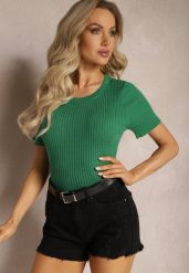 Zielony T-shirt z Prążkowanej Dzianiny o Krótkim Kroju Poutia. Zielone bluzki damskie Renee, l, bez wzorów, z dzianiny, bez kołnierzyka. Za 44.99 zł.
