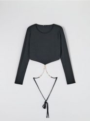 Bluzka z wiązaniem - czarny. Czarne bluzki damskie Sinsay, l, bez wzorów, bez kołnierzyka, bez ramiączek. W wyprzedaży za 29.99 zł.